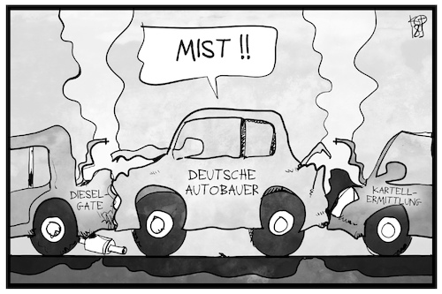 Cartoon: Deutsche Autobauer in der Klemme (medium) by Kostas Koufogiorgos tagged karikatur,koufogiorgos,illustration,cartoon,diesel,autobauer,wirtschaft,dieselgate,kartell,eu,ermittlung,klemme,karikatur,koufogiorgos,illustration,cartoon,diesel,autobauer,wirtschaft,dieselgate,kartell,eu,ermittlung,klemme