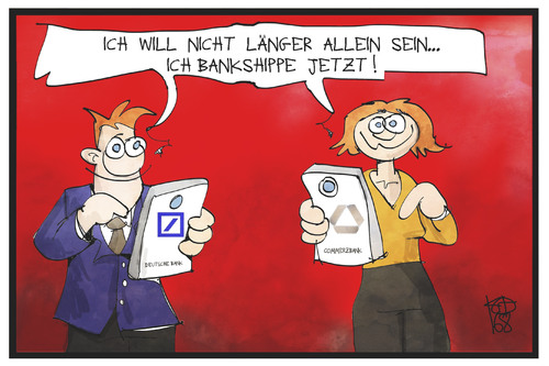 Cartoon: Deutsche Bank und Commerzbank (medium) by Kostas Koufogiorgos tagged karikatur,koufogiorgos,illustration,cartoon,deutsche,bank,commerzbank,fusion,flirt,wirtschaft,annäherung,karikatur,koufogiorgos,illustration,cartoon,deutsche,bank,commerzbank,fusion,flirt,wirtschaft,annäherung