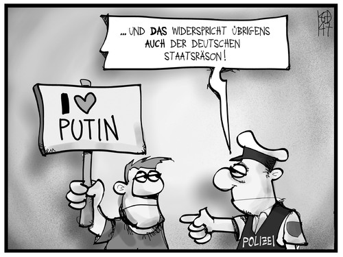 Cartoon: Deutsche Staatsräson (medium) by Kostas Koufogiorgos tagged karikatur,koufogiorgos,illustration,cartoon,putin,demonstration,demonstrant,polizei,meinungsfreiheit,politik,karikatur,koufogiorgos,illustration,cartoon,putin,demonstration,demonstrant,polizei,meinungsfreiheit,politik