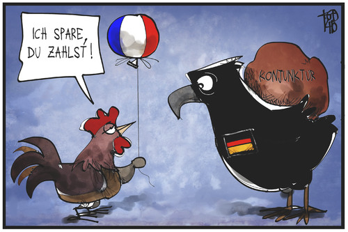 Cartoon: Deutschland-Frankreich (medium) by Kostas Koufogiorgos tagged karikatur,koufogiorgos,illustration,cartoon,hahn,frankreich,adler,deutschland,sparen,konjunktur,wirtschaft,politik,last,geld,europa,karikatur,koufogiorgos,illustration,cartoon,hahn,frankreich,adler,deutschland,sparen,konjunktur,wirtschaft,politik,last,geld,europa