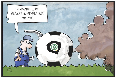 Cartoon: DFB-Gate (medium) by Kostas Koufogiorgos tagged karikatur,koufogiorgos,illustration,cartoon,dfb,fussball,bund,verband,vw,motor,abgas,gestank,mechaniker,korruption,betrug,dieselgate,dfbgate,sport,karikatur,koufogiorgos,illustration,cartoon,dfb,fussball,bund,verband,vw,motor,abgas,gestank,mechaniker,korruption,betrug,dieselgate,dfbgate,sport