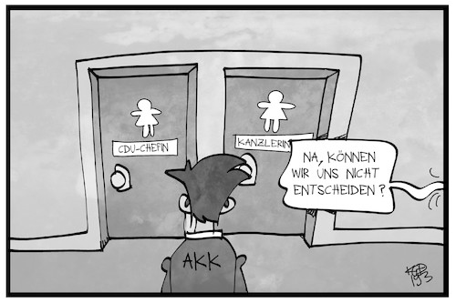 Cartoon: Die AKK-Frage (medium) by Kostas Koufogiorgos tagged karikatur,koufogiorgos,illustration,cartoon,akk,kanzlerin,chefin,cdu,toilette,witz,entscheidung,gender,karikatur,koufogiorgos,illustration,cartoon,akk,kanzlerin,chefin,cdu,toilette,witz,entscheidung,gender