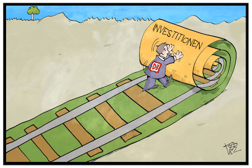 Cartoon: Die Bahn investiert (medium) by Kostas Koufogiorgos tagged karikatur,koufogiorgos,illustration,cartoon,bahn,schienen,investition,infrastruktur,verkehr,zug,eisenbahn,wirtschaft,karikatur,koufogiorgos,illustration,cartoon,bahn,schienen,investition,infrastruktur,verkehr,zug,eisenbahn,wirtschaft