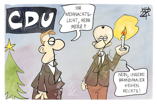 Cartoon: Die Brandmauer der CDU (medium) by Kostas Koufogiorgos tagged karikatur,koufogiorgos,cdu,merz,afd,rechts,brandmauer,weihnachten,licht,kerze,karikatur,koufogiorgos,cdu,merz,afd,rechts,brandmauer,weihnachten,licht,kerze