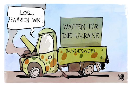 Cartoon: Die Bundeswehr liefert (medium) by Kostas Koufogiorgos tagged karikatur,koufogiorgos,bundeswehr,lkw,waffen,ukraine,rüstung,armee,karikatur,koufogiorgos,bundeswehr,lkw,waffen,ukraine,rüstung,armee