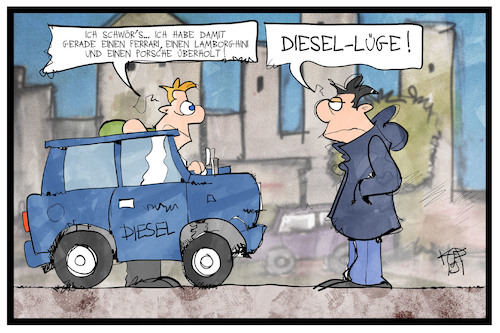 Cartoon: Die Diesel-Lüge (medium) by Kostas Koufogiorgos tagged karikatur,koufogiorgos,illustration,cartoon,diesel,lüge,angeber,auto,fahrverbot,karikatur,koufogiorgos,illustration,cartoon,diesel,lüge,angeber,auto,fahrverbot