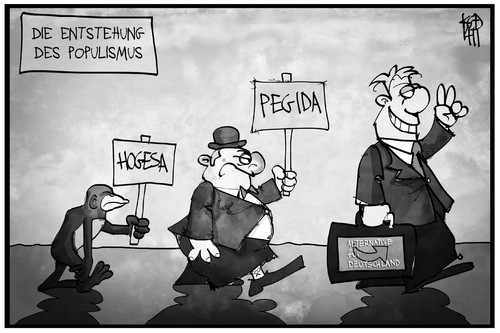 Cartoon: Die Entstehung des Populismus (medium) by Kostas Koufogiorgos tagged karikatur,koufogiorgos,illustration,cartoon,hogesa,pegida,afd,darwinismus,art,fremdenfeindlichkeit,populismus,demonstration,islamisierung,politik,karikatur,koufogiorgos,illustration,cartoon,hogesa,pegida,afd,darwinismus,art,fremdenfeindlichkeit,populismus,demonstration,islamisierung,politik