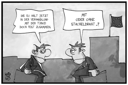 Cartoon: Die EU hält zusammen (medium) by Kostas Koufogiorgos tagged karikatur,koufogiorgos,illustration,cartoon,eu,tuerkei,draht,stacheldraht,zusammenhalt,gipfel,einigung,eurokrat,europa,karikatur,koufogiorgos,illustration,cartoon,eu,tuerkei,draht,stacheldraht,zusammenhalt,gipfel,einigung,eurokrat,europa