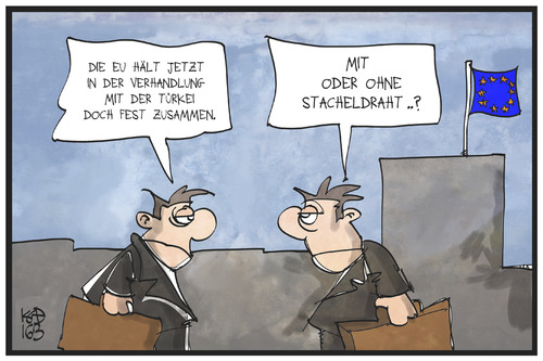 Cartoon: Die EU hält zusammen (medium) by Kostas Koufogiorgos tagged karikatur,koufogiorgos,illustration,cartoon,eu,tuerkei,draht,stacheldraht,zusammenhalt,gipfel,einigung,eurokrat,europa,karikatur,koufogiorgos,illustration,cartoon,eu,tuerkei,draht,stacheldraht,zusammenhalt,gipfel,einigung,eurokrat,europa