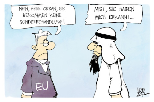 Cartoon: Die EU sanktioniert Ungarn (medium) by Kostas Koufogiorgos tagged karikatur,koufogiorgos,eu,ungarn,scheich,orban,verkleidung,geld,karikatur,koufogiorgos,eu,ungarn,scheich,orban,verkleidung,geld