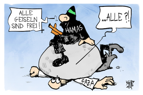 Cartoon: Die Geiseln der Hamas (medium) by Kostas Koufogiorgos tagged karikatur,koufogiorgos,geisel,hamas,last,stein,terrorismus,karikatur,koufogiorgos,geisel,hamas,last,stein,terrorismus