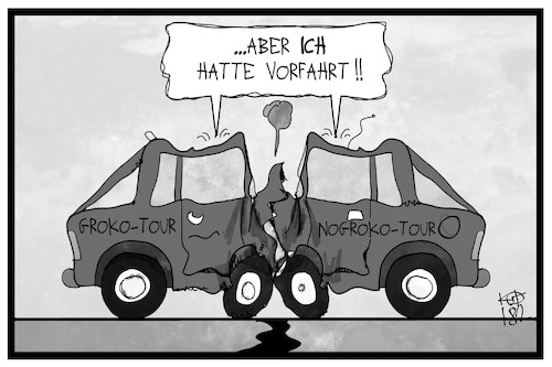 Cartoon: Die Groko-NoGroko-Tour (medium) by Kostas Koufogiorgos tagged karikatur,koufogiorgos,illustration,cartoon,groko,nohroko,auto,unfall,kollision,vorfahrt,crash,spd,regierungsbildung,streit,politik,partei,karikatur,koufogiorgos,illustration,cartoon,groko,nohroko,auto,unfall,kollision,vorfahrt,crash,spd,regierungsbildung,streit,politik,partei