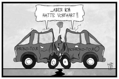 Cartoon: Die Groko-NoGroko-Tour (medium) by Kostas Koufogiorgos tagged karikatur,koufogiorgos,illustration,cartoon,groko,nohroko,auto,unfall,kollision,vorfahrt,crash,spd,regierungsbildung,streit,politik,partei,karikatur,koufogiorgos,illustration,cartoon,groko,nohroko,auto,unfall,kollision,vorfahrt,crash,spd,regierungsbildung,streit,politik,partei