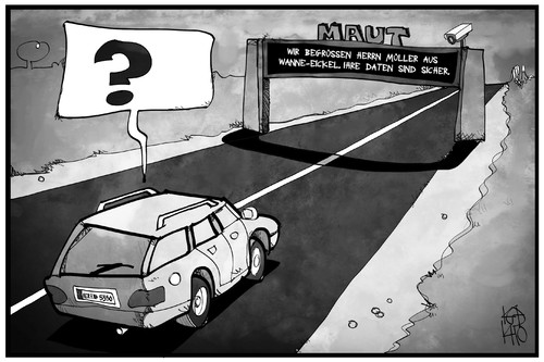 Cartoon: Die Pkw-Maut und der Datenschutz (medium) by Kostas Koufogiorgos tagged karikatur,koufogiorgos,illustration,cartoon,maut,datenschutz,strasse,autobahn,privatsphäre,technik,daten,erfassung,politik,karikatur,koufogiorgos,illustration,cartoon,maut,datenschutz,strasse,autobahn,privatsphäre,technik,daten,erfassung,politik