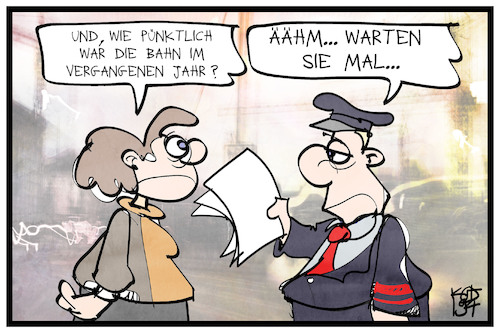 Cartoon: Die Pünktlichkeit der Bahn (medium) by Kostas Koufogiorgos tagged karikatur,koufogiorgos,illustration,cartoon,bahn,pünktlichkeit,zug,schaffner,statistik,kunde,reise,reisender,passagier,infrastruktur,verkehr,öpnv,karikatur,koufogiorgos,illustration,cartoon,bahn,pünktlichkeit,zug,schaffner,statistik,kunde,reise,reisender,passagier,infrastruktur,verkehr,öpnv