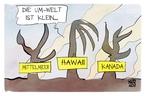 Cartoon: Die Um-Welt rückt zusammen (medium) by Kostas Koufogiorgos tagged karikatur,koufogiorgos,umwelt,feuer,waldbrand,hawaii,mittelmeer,kanada,karikatur,koufogiorgos,umwelt,feuer,waldbrand,hawaii,mittelmeer,kanada