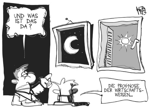 Cartoon: Die weise Prognose (medium) by Kostas Koufogiorgos tagged prognose,wirtschaft,wirtschaftsweise,tag,nacht,karikatur,koufogiorgos,prognose,wirtschaft,wirtschaftsweise,tag,nacht,karikatur,koufogiorgos