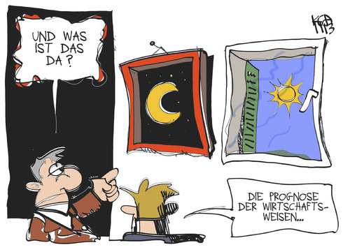 Cartoon: Die weise Prognose (medium) by Kostas Koufogiorgos tagged prognose,wirtschaft,wirtschaftsweise,tag,nacht,karikatur,koufogiorgos,prognose,wirtschaft,wirtschaftsweise,tag,nacht,karikatur,koufogiorgos