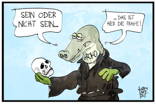 Cartoon: Die Zukunft der Großen Koaltion (medium) by Kostas Koufogiorgos tagged karikatur,koufogiorgos,illustration,cartoon,groko,grokodil,koalition,regierung,cdu,csu,spd,zukunft,hamlet,prognose,politik,karikatur,koufogiorgos,illustration,cartoon,groko,grokodil,koalition,regierung,cdu,csu,spd,zukunft,hamlet,prognose,politik