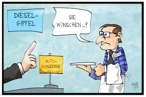 Cartoon: Diesel-Gipfel (medium) by Kostas Koufogiorgos tagged karikatur,koufogiorgos,illustration,cartoon,diesel,gipfel,dobrindt,automobil,industrie,wirtschaft,diener,bedienung,verkehrsminister,karikatur,koufogiorgos,illustration,cartoon,diesel,gipfel,dobrindt,automobil,industrie,wirtschaft,diener,bedienung,verkehrsminister