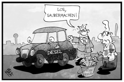 Cartoon: Diesel-Nachrüstung (medium) by Kostas Koufogiorgos tagged karikatur,koufogiorgos,illustration,cartoon,diesel,autobauer,industrie,wirtschaft,steuern,steuerzahler,steuergeld,michel,reinigung,dieselgate,waschen,betrug,karikatur,koufogiorgos,illustration,cartoon,diesel,autobauer,industrie,wirtschaft,steuern,steuerzahler,steuergeld,michel,reinigung,dieselgate,waschen,betrug