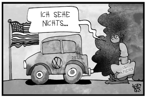 Cartoon: Dieselgate (medium) by Kostas Koufogiorgos tagged karikatur,koufogiorgos,illustration,cartoon,vw,volkswagen,aufseher,thompson,auto,wirtschaft,dieselgate,abgasskandal,karikatur,koufogiorgos,illustration,cartoon,vw,volkswagen,aufseher,thompson,auto,wirtschaft,dieselgate,abgasskandal