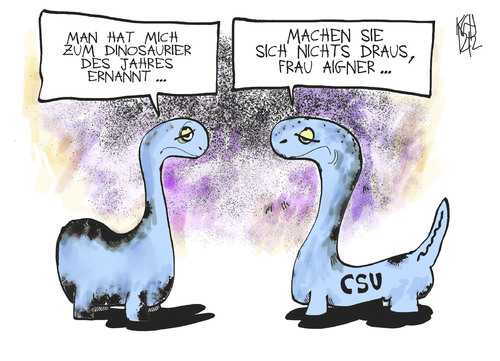 Cartoon: Dinosaurier (medium) by Kostas Koufogiorgos tagged csu,dinosaurier,aigner,verbraucherschutz,ministerin,politik,auszeichnung,preis,karikatur,kostas,koufogiorgos,csu,dinosaurier,aigner,verbraucherschutz,ministerin,politik,auszeichnung,preis,karikatur,kostas,koufogiorgos