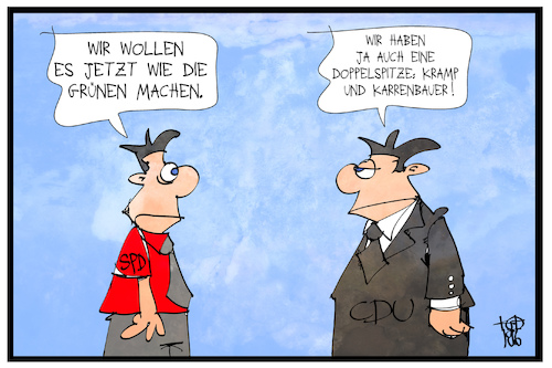 Cartoon: Doppelspitzen (medium) by Kostas Koufogiorgos tagged karikatur,koufogiorgos,illustration,cartoon,spd,doppelspitze,akk,kramp,karrenbauer,partei,vorsitz,cdu,groko,karikatur,koufogiorgos,illustration,cartoon,spd,doppelspitze,akk,kramp,karrenbauer,partei,vorsitz,cdu,groko