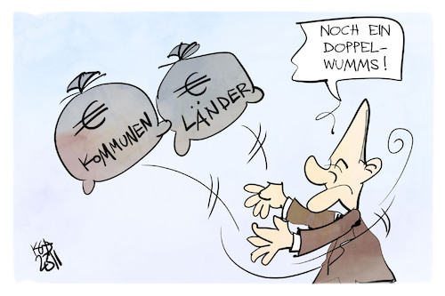 Cartoon: Doppelwumms beim Migrationsgipfe (medium) by Kostas Koufogiorgos tagged karikatur,koufogiorgos,migrationsgipfel,doppelwumms,geld,länder,kommunen,scholz,karikatur,koufogiorgos,migrationsgipfel,doppelwumms,geld,länder,kommunen,scholz