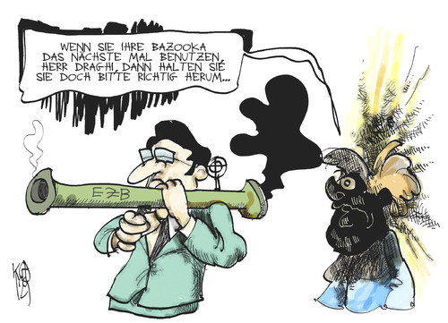 Cartoon: Draghis Bazooka (medium) by Kostas Koufogiorgos tagged bonds,anleihen,merkel,bazooka,euro,ezb,schulden,europa,wirtschaft,draghi,krise,waffe,geld,karikatur,kostas,koufogiorgos,draghi,bazooka,merkel,anleihen,bonds,wirtschaft,europa,ezb,euro,schulden,krise,waffe,geld,karikatur,kostas,koufogiorgos