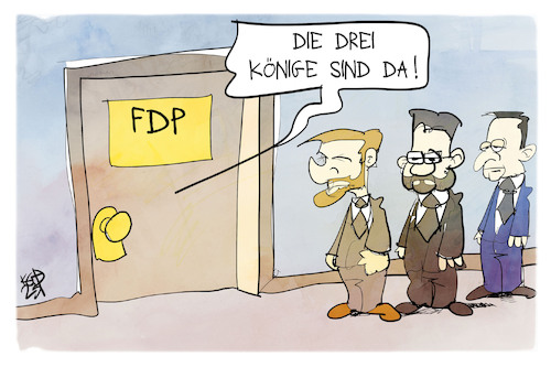 Cartoon: Dreikönigstreffen (medium) by Kostas Koufogiorgos tagged karikatur,koufogiorgos,fdp,wissing,buschmann,lindner,dreikönigstreffen,könig,partei,karikatur,koufogiorgos,fdp,wissing,buschmann,lindner,dreikönigstreffen,könig,partei