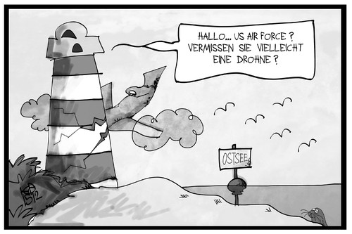 Cartoon: Drohnen über Ostsee (medium) by Kostas Koufogiorgos tagged karikatur,koufogiorgos,illustration,cartoon,ostsee,usa,drohne,küste,leuchtturm,air,force,aufklärungsflug,militär,karikatur,koufogiorgos,illustration,cartoon,ostsee,usa,drohne,küste,leuchtturm,air,force,aufklärungsflug,militär