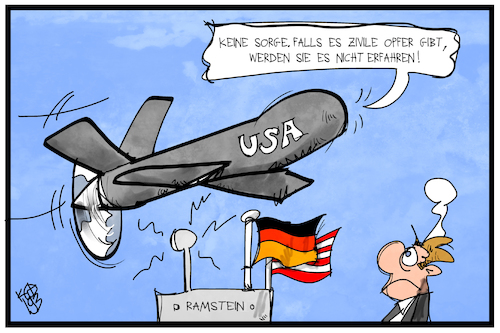 Cartoon: Drohnenopfer (medium) by Kostas Koufogiorgos tagged karikatur,koufogiorgos,illustration,cartoon,usa,deutschland,ramstein,drohnen,opfer,veröffentlichung,cia,krieg,waffe,air,force,luftwaffe,militär,karikatur,koufogiorgos,illustration,cartoon,usa,deutschland,ramstein,drohnen,opfer,veröffentlichung,cia,krieg,waffe,air,force,luftwaffe,militär