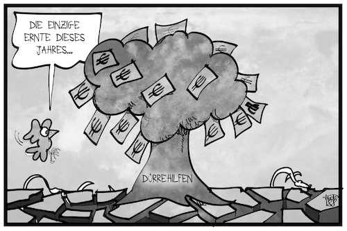 Cartoon: Dürrehilfen (medium) by Kostas Koufogiorgos tagged karikatur,koufogiorgos,illustration,cartoon,dürre,hilfe,geld,unterstützung,finanzen,baum,ernte,agrarpolitik,hitzewelle,trockenheit,bauer,umwelt,karikatur,koufogiorgos,illustration,cartoon,dürre,hilfe,geld,unterstützung,finanzen,baum,ernte,agrarpolitik,hitzewelle,trockenheit,bauer,umwelt