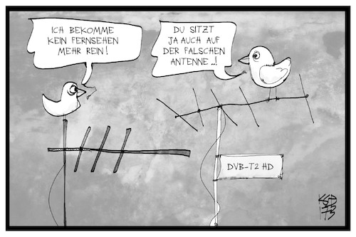 Cartoon: DVB-T2 HD (medium) by Kostas Koufogiorgos tagged karikatur,koufogiorgos,illustration,cartoon,dvbt2hd,antenne,digital,format,fernsehen,vogel,umstellung,tv,technik,karikatur,koufogiorgos,illustration,cartoon,dvbt2hd,antenne,digital,format,fernsehen,vogel,umstellung,tv,technik