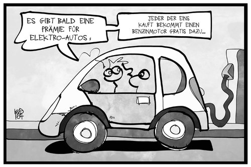 Cartoon: E-Mobilität (medium) by Kostas Koufogiorgos tagged karikatur,koufogiorgos,illustration,cartoon,elektro,auto,verkehr,motor,antrieb,subvention,förderung,kauf,automobilindustrie,karikatur,koufogiorgos,illustration,cartoon,elektro,auto,verkehr,motor,antrieb,subvention,förderung,kauf,automobilindustrie