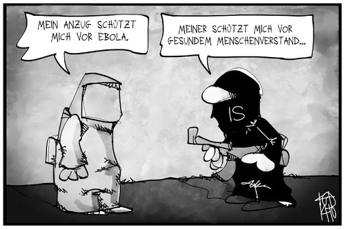 Cartoon: Ebola und der IS (medium) by Kostas Koufogiorgos tagged karikatur,koufogiorgos,illustration,cartoon,menschenverstand,ebola,virus,krankheit,schutzanzug,maske,vermummung,is,terrorist,waffe,politik,terrorismus,karikatur,koufogiorgos,illustration,cartoon,menschenverstand,ebola,virus,krankheit,schutzanzug,maske,vermummung,is,terrorist,waffe,politik,terrorismus