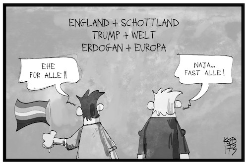 Cartoon: Ehe für fast alle (medium) by Kostas Koufogiorgos tagged karikatur,koufogiorgos,illustration,cartoon,ehe,schwul,homosexuell,gleichberechtigung,gayflag,erdogan,trump,europa,eu,welt,england,schottland,verbindung,karikatur,koufogiorgos,illustration,cartoon,ehe,schwul,homosexuell,gleichberechtigung,gayflag,erdogan,trump,europa,eu,welt,england,schottland,verbindung