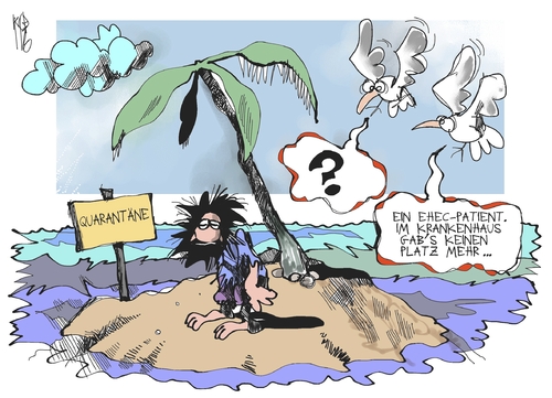 Cartoon: EHEC (medium) by Kostas Koufogiorgos tagged ehec,quarantäne,krankenhaus,insel,isolation,versorgung,gesundheit,epedemie