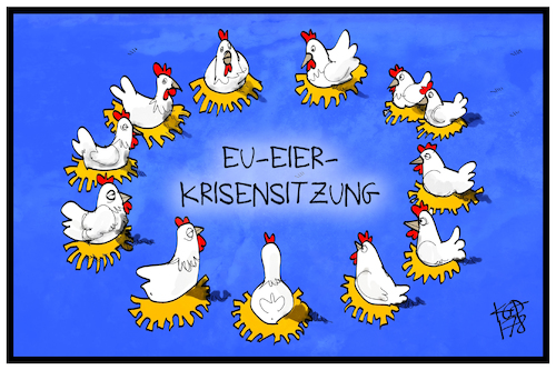 Cartoon: Eier-Krisensitzung (medium) by Kostas Koufogiorgos tagged karikatur,koufogiorgos,illustration,cartoon,eu,eier,fipronil,skandal,krisensitzung,europa,fahne,flagge,huhn,hühner,treffen,kreis,lebensmittel,tier,landwirtschaft,karikatur,koufogiorgos,illustration,cartoon,eu,eier,fipronil,skandal,krisensitzung,europa,fahne,flagge,huhn,hühner,treffen,kreis,lebensmittel,tier,landwirtschaft