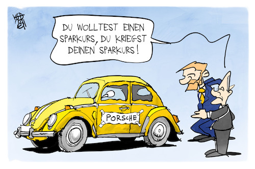 Cartoon: Einsparungen (medium) by Kostas Koufogiorgos tagged karikatur,koufogiorgos,lindner,porsche,käfer,scholz,auto,karikatur,koufogiorgos,lindner,porsche,käfer,scholz,auto