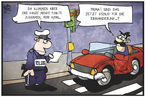 Cartoon: Einwanderungsgesetz (medium) by Kostas Koufogiorgos tagged karikatur,koufogiorgos,illustration,cartoon,einwanderung,einwanderungsgesetz,punkte,punktesystem,polizist,fahrer,auto,verkehr,delikt,strasse,politik,ampel,karikatur,koufogiorgos,illustration,cartoon,einwanderung,einwanderungsgesetz,punkte,punktesystem,polizist,fahrer,auto,verkehr,delikt,strasse,politik,ampel