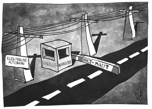 Cartoon: Elektrische Autobahn (medium) by Kostas Koufogiorgos tagged karikatur,koufogiorgos,cartoon,illustration,autobahn,stromtrasse,suedlink,energiekonzern,strom,energiewende,infrastruktur,maut,verkehr,geld,wirtschaft,karikatur,koufogiorgos,cartoon,illustration,autobahn,stromtrasse,suedlink,energiekonzern,strom,energiewende,infrastruktur,maut,verkehr,geld,wirtschaft