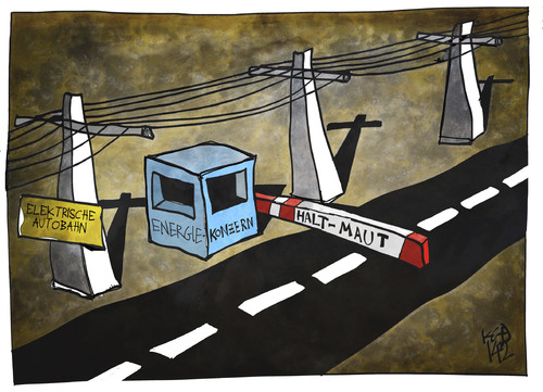 Cartoon: Elektrische Autobahn SuedLink (medium) by Kostas Koufogiorgos tagged karikatur,koufogiorgos,cartoon,illustration,autobahn,stromtrasse,suedlink,energiekonzern,strom,energiewende,infrastruktur,maut,verkehr,geld,wirtschaft,karikatur,koufogiorgos,cartoon,illustration,autobahn,stromtrasse,suedlink,energiekonzern,strom,energiewende,infrastruktur,maut,verkehr,geld,wirtschaft