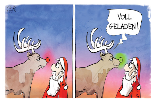 Cartoon: Elektrisierende Weihnachten (medium) by Kostas Koufogiorgos tagged karikatur,koufogiorgos,weihnachten,elektrisch,rudolph,ladestand,karikatur,koufogiorgos,weihnachten,elektrisch,rudolph,ladestand