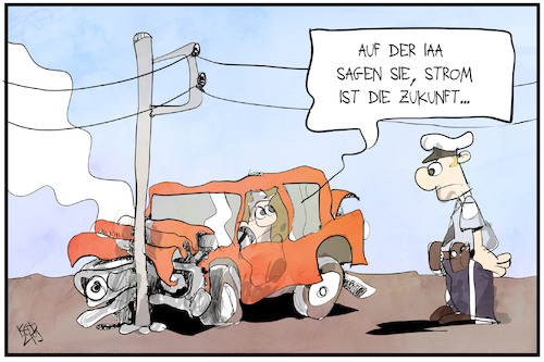 Cartoon: Elektromobilität (medium) by Kostas Koufogiorgos tagged karikatur,koufogiorgos,illustration,cartoon,elektromobilität,unfall,iaa,auto,verkehr,zukunft,karikatur,koufogiorgos,illustration,cartoon,elektromobilität,unfall,iaa,auto,verkehr,zukunft