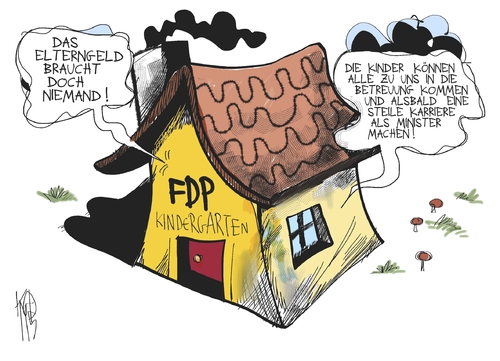 Cartoon: Elterngeld (medium) by Kostas Koufogiorgos tagged fdp,lindner,generalsekretaer,elterngeld,kinder,kindergarten,familie,minister,karriere,eltern