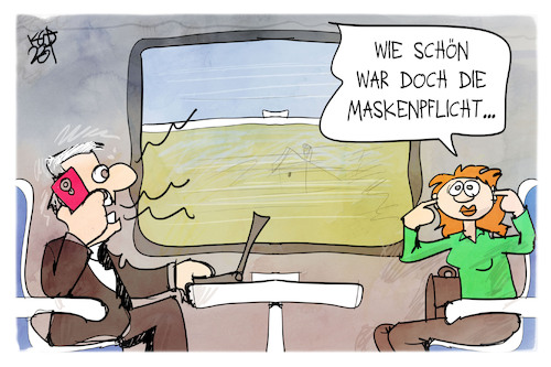 Cartoon: Ende der Maskenpflicht (medium) by Kostas Koufogiorgos tagged karikatur,koufogiorgos,maskenpflicht,bahn,fernverkehr,telefon,laut,sprechen,reise,ruhe,karikatur,koufogiorgos,maskenpflicht,bahn,fernverkehr,telefon,laut,sprechen,reise,ruhe