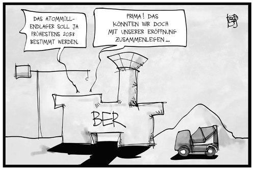 Cartoon: Endlagersuche (medium) by Kostas Koufogiorgos tagged karikatur,koufogiorgos,illustration,cartoon,endlager,suche,atommüll,nuklear,abfall,ber,flughafen,grossprojekt,bauruine,eröffnung,verzögerung,baufortschritt,umwelt,karikatur,koufogiorgos,illustration,cartoon,endlager,suche,atommüll,nuklear,abfall,ber,flughafen,grossprojekt,bauruine,eröffnung,verzögerung,baufortschritt,umwelt