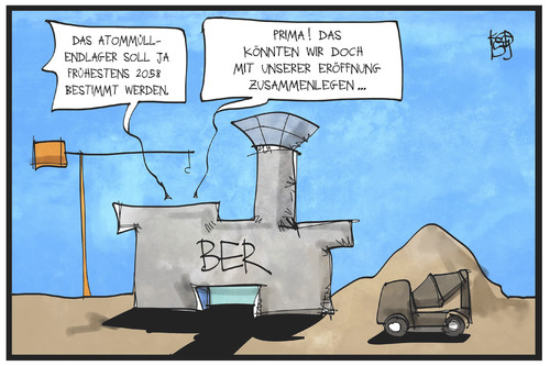 Cartoon: Endlagersuche (medium) by Kostas Koufogiorgos tagged karikatur,koufogiorgos,illustration,cartoon,endlager,suche,atommüll,nuklear,abfall,ber,flughafen,grossprojekt,bauruine,eröffnung,verzögerung,baufortschritt,umwelt,karikatur,koufogiorgos,illustration,cartoon,endlager,suche,atommüll,nuklear,abfall,ber,flughafen,grossprojekt,bauruine,eröffnung,verzögerung,baufortschritt,umwelt